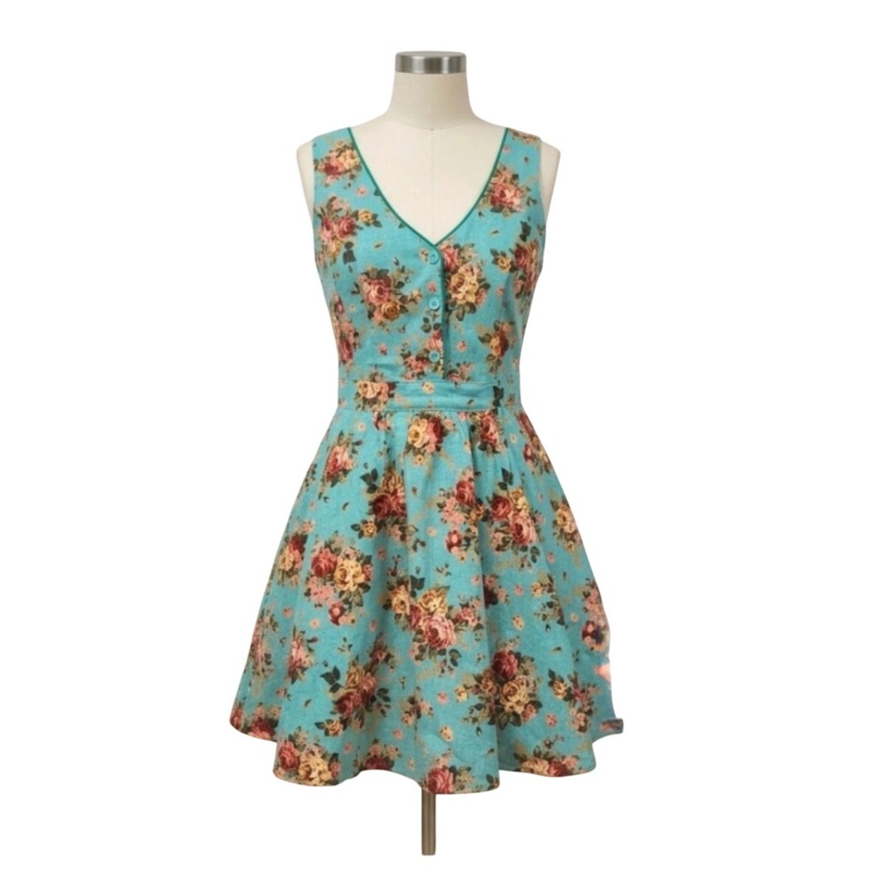 Lucca Couture Teal Floral Cotton Linen Open Back Flare Mini Dress XS Babydoll